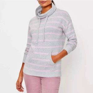 LOFT Striped Drawstring Cowl Neck Pocket Sweater Size XL Heather Grey & Pink